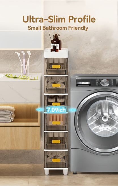 Meuble de rangement fin à roulettes avec tiroirs, organisateur en PP imperméable à 3, 4, 5 ou 6 niveaux pour salle de bain, cuisine, chambre, petits espaces – Tour de rangement étroite