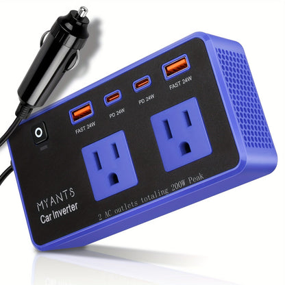 Convertisseur de courant voiture 200W 12V vers 110V CA – Charge rapide USB-C PD 24W, double port USB QC3.0, adaptateur de chargeur voiture multi-protection pour ordinateur portable, téléphone, voyage et route