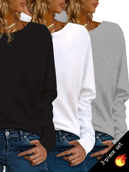 Ensemble de 3 t-shirts à manches longues style Y2K pour femmes, hauts décontractés et chauds de couleur unie, coupe régulière, tenue de superposition streetwear pour toutes les saisons, S M L XL XXL