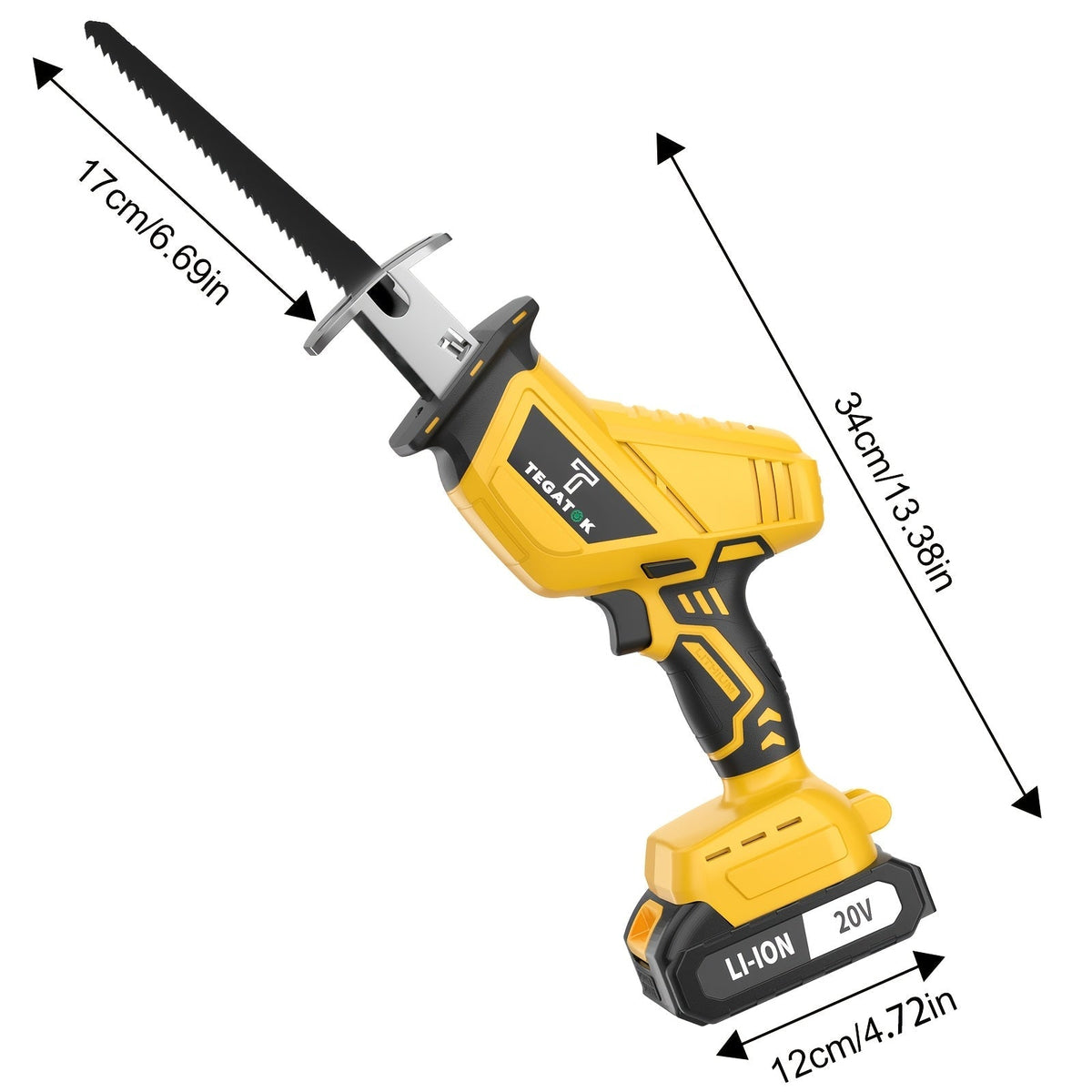 Scie alternative sans fil avec éclairage LED et verrouillage de sécurité | Scie électrique polyvalente, lames remplaçables, boîte à outils incluse – Options 1 ou 2 batteries, jaune/vert/rouge