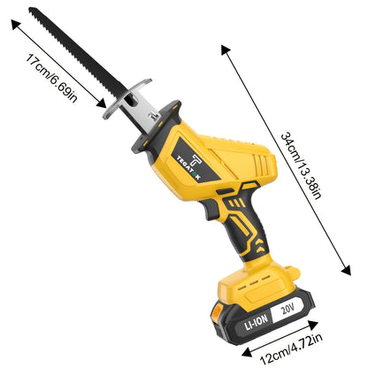 Scie alternative sans fil avec éclairage LED et verrouillage de sécurité | Scie électrique polyvalente, lames remplaçables, boîte à outils incluse – Options 1 ou 2 batteries, jaune/vert/rouge