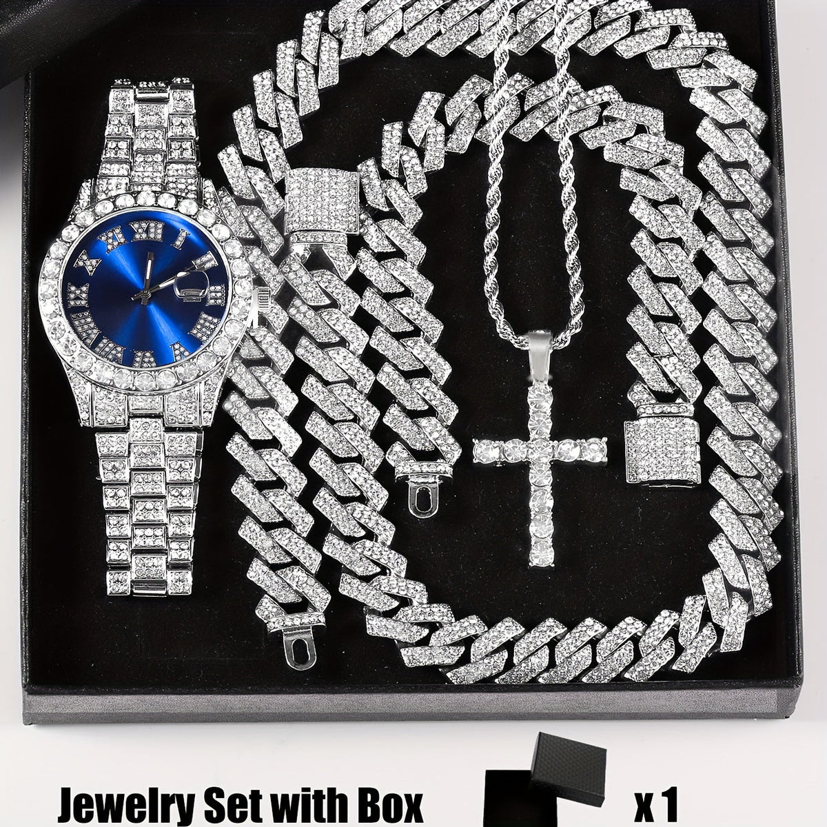 Parure de bijoux 4 pièces avec montre strass et pendentif croix, montre-bracelet analogique à quartz, collier, bracelet et boucles d'oreilles, cadeau unisexe pour lui ou elle, mariage