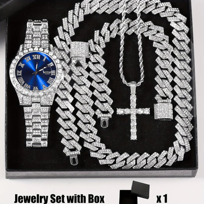 Parure de bijoux 4 pièces avec montre strass et pendentif croix, montre-bracelet analogique à quartz, collier, bracelet et boucles d'oreilles, cadeau unisexe pour lui ou elle, mariage