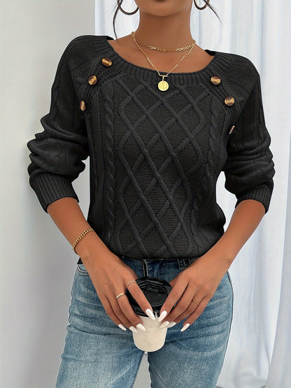Women's Round Neck Lantern Sleeve Sweater Textured Button Knit Pullover Top for Fall Winter S M L XL XXL Multiple Colors