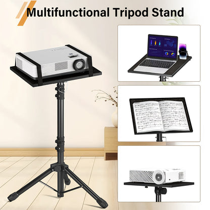 Trépied pour projecteur et ordinateur portable – Hauteur réglable avec support de téléphone col-de-cygne, plateau inclinable à 180°, capacité de 10 kg, support au sol portable pour bureau, maison, scène, studio et DJ