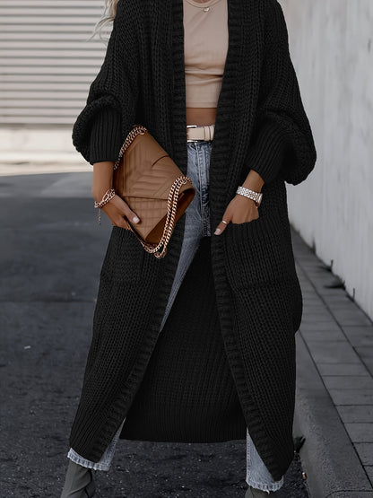 Cardigan long femme à épaules tombantes avec poches, manteau oversize uni à manches longues pour automne-hiver, tailles S M L XL XXL, gris noir abricot camel marine, manteau enveloppant confortable