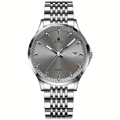 Montre à quartz de luxe pour homme RUIGE en acier inoxydable avec calendrier, fonction nocturne et strass - Montre sport, habillée et décontractée pour homme, cadeau pour lui