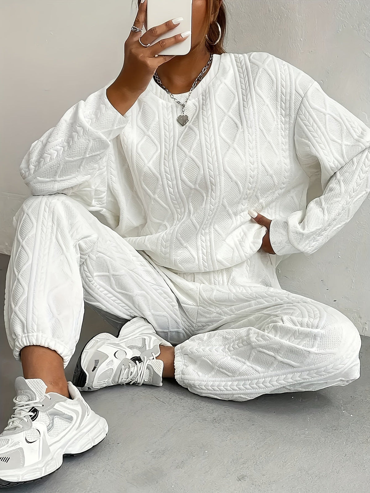 Ensemble survêtement 2 pièces pour femme – Haut à manches longues et col rond en jacquard texturé et pantalon de jogging, tenue de détente décontractée et respirante pour le printemps et l'été S-XXL