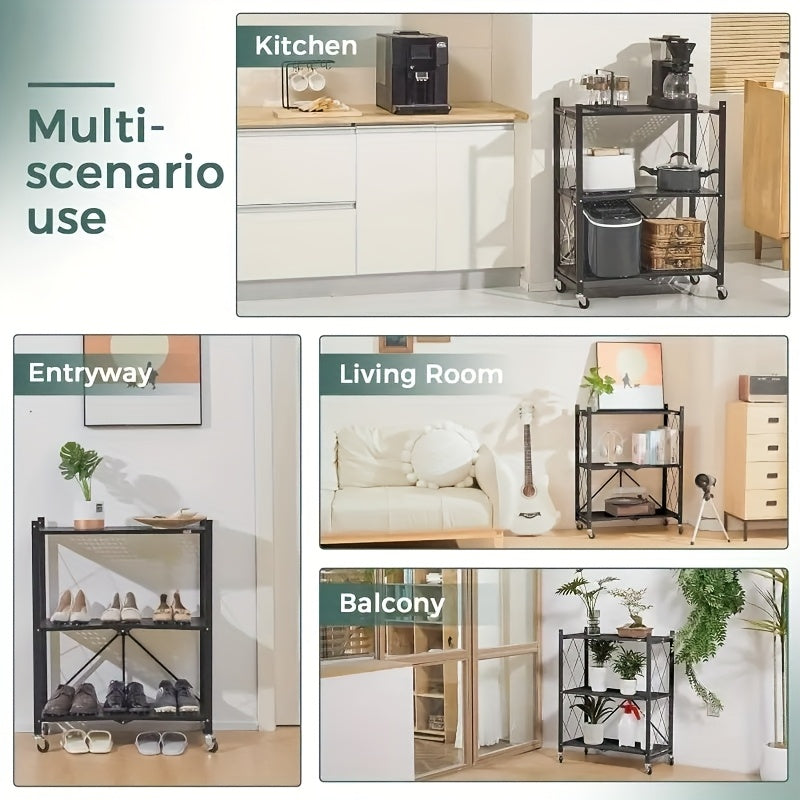 Étagère de rangement pliable en métal robuste à 3 niveaux avec roulettes, capacité de 340 kg – Unité de rayonnage roulante et mobile pour garage, cuisine, entrepôt et organisation de la maison, noir