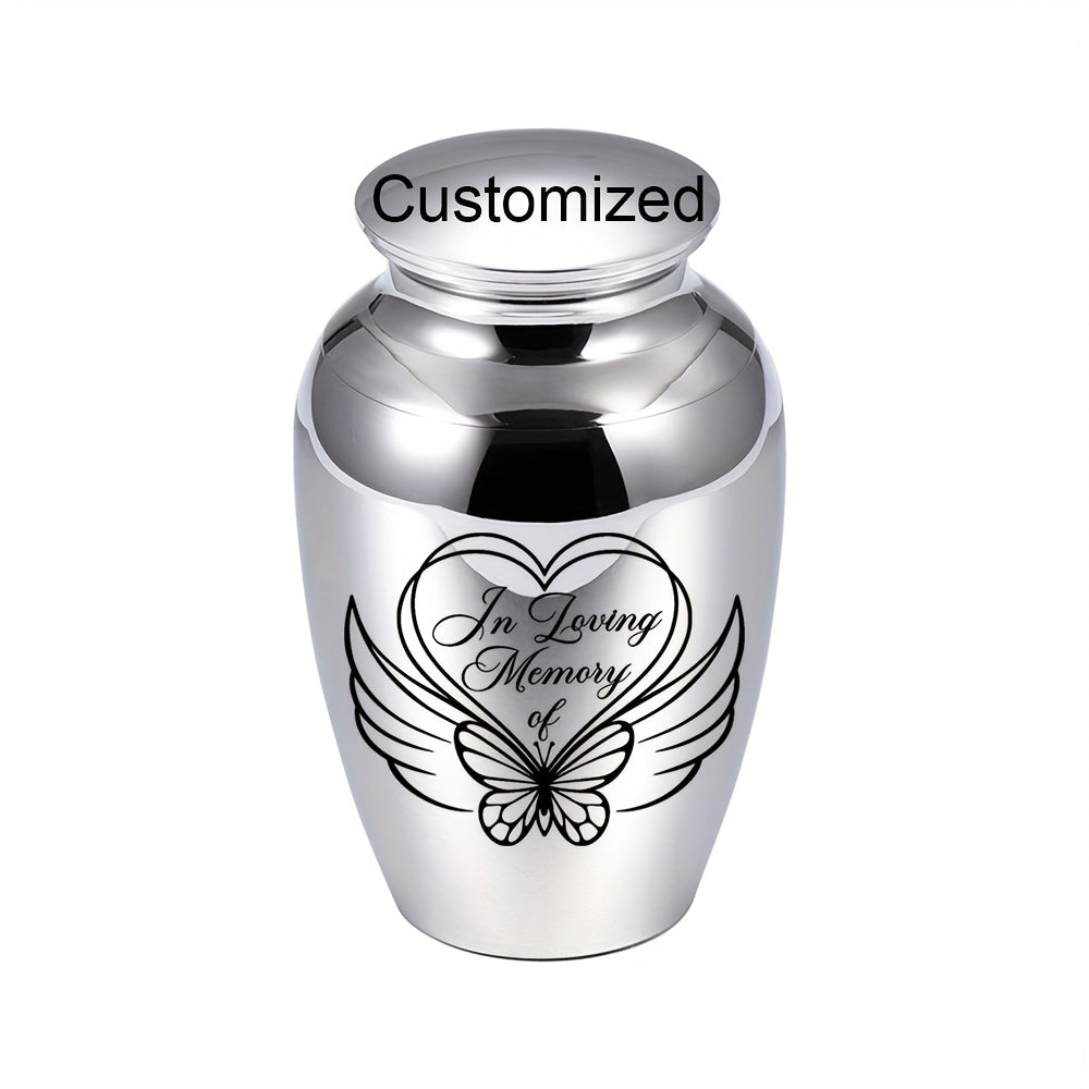 Mini urne funéraire personnalisée pour cendres - Urne souvenir en alliage d'aluminium avec motif cœur, ange et papillon pour cendres humaines et d'animaux, petit reliquaire commémoratif, options de couvercle argent, or ou violet