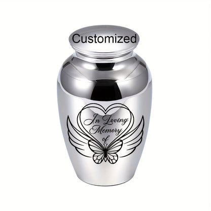 Mini urne funéraire personnalisée pour cendres - Urne souvenir en alliage d'aluminium avec motif cœur, ange et papillon pour cendres humaines et d'animaux, petit reliquaire commémoratif, options de couvercle argent, or ou violet