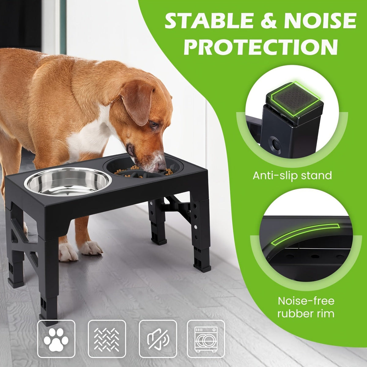 Support surélevé ajustable pour gamelles de chien avec lot de 3 gamelles – 5 hauteurs de 8,1 à 31 cm, 2 gamelles en acier inoxydable + gamelle anti-glouton pour petits, moyens et grands chiens, mangeoire surélevée noire ou grise