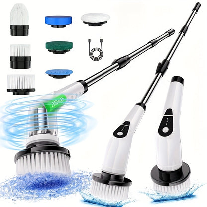 Brosse de nettoyage électrique sans fil 7-en-1 avec 7 têtes interchangeables, double vitesse réglable et manche télescopique amovible pour le nettoyage de la salle de bain, du carrelage, de la baignoire, de la cuisine, de la voiture et des joints de sol