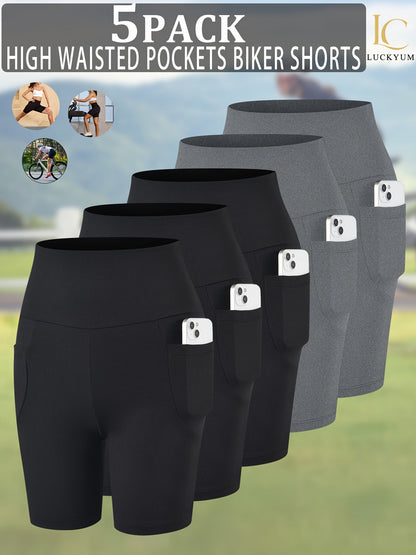 Lot de 5 shorts de cyclisme taille haute pour femme avec poches | Gainant et opaque | Short de sport pour yoga, course et entraînement, entrejambe de 15 cm | Stretch doux | XS-XXL | Couleurs assorties