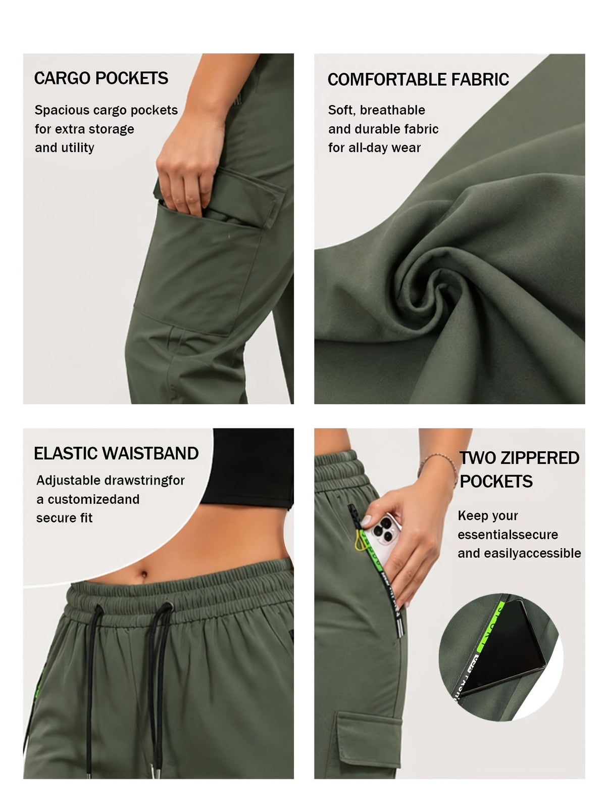 Pantalon cargo multipoches pour femme – Détails zippés vert néon, taille à cordon de serrage, pantalon outdoor pleine longueur pour le voyage, 4 coloris, tailles XS à XXL, streetwear décontracté printemps-automne