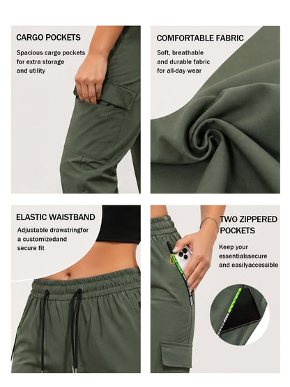 Pantalon cargo multipoches pour femme – Détails zippés vert néon, taille à cordon de serrage, pantalon outdoor pleine longueur pour le voyage, 4 coloris, tailles XS à XXL, streetwear décontracté printemps-automne