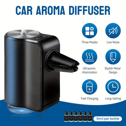 Diffuseur d'aromathérapie pour voiture, humidificateur USB à huiles essentielles | 3 modes de brume réglables, diffuseur de parfum intelligent pour véhicule – Noir, rouge, gris, rose – Lot de 6 parfums en option