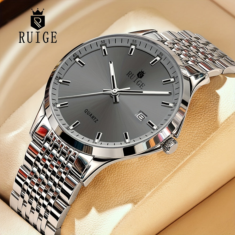 Montre à quartz de luxe pour homme RUIGE en acier inoxydable avec calendrier, fonction nocturne et strass - Montre sport, habillée et décontractée pour homme, cadeau pour lui