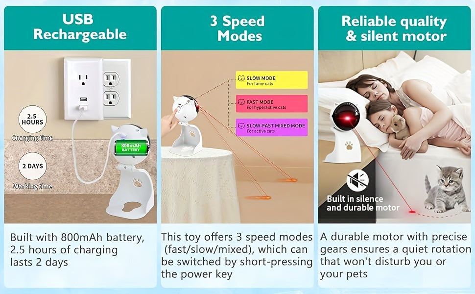 Jouet laser automatique pour chat rechargeable par USB – 3 modes de vitesse, à suspendre ou à poser, angle réglable de 0 à 130°, batterie 800 mAh, arrêt automatique après 15 min, pointeur laser interactif pour chats, chatons et chiens d'intérieur