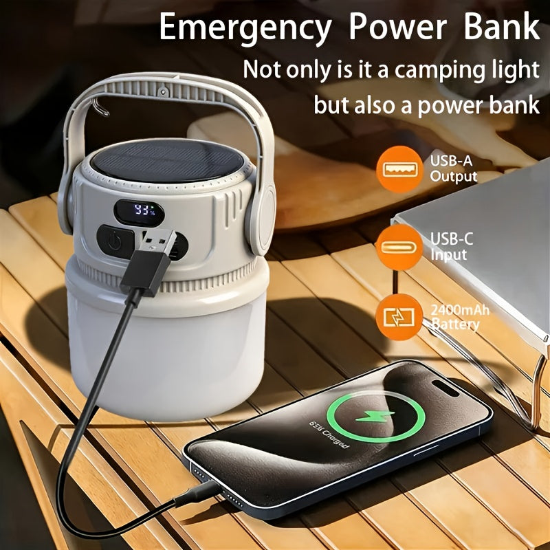Lanterne de camping LED solaire rechargeable 6 modes - Batterie externe USB, crochet, autonomie 4-8 heures, éclairage extérieur portable pour camping sous tente, randonnée, alpinisme et urgence