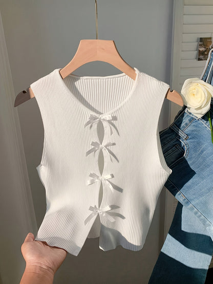 Women's Bow-Tie Striped Crop Vest - Sexy Tight Stretchy Knit Tank Top, 100% Polyester Crew Neck, Y2K Summer Cami Sleeveless Top for Going Out