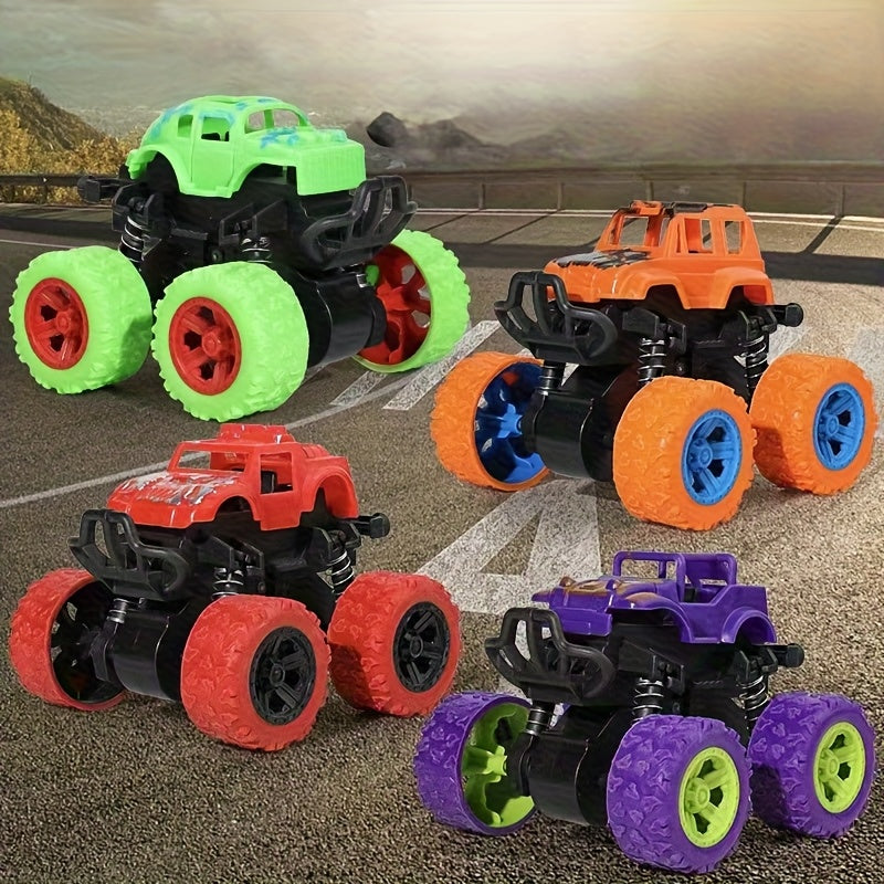 Lot de 4 camions monstres à friction pour tout-petits et enfants de 3 ans et plus - Voitures à inertie « Push & Go » avec rotation à 360°, conduite bidirectionnelle, ensemble de mini véhicules durables, cadeau d'anniversaire, couleur aléatoire