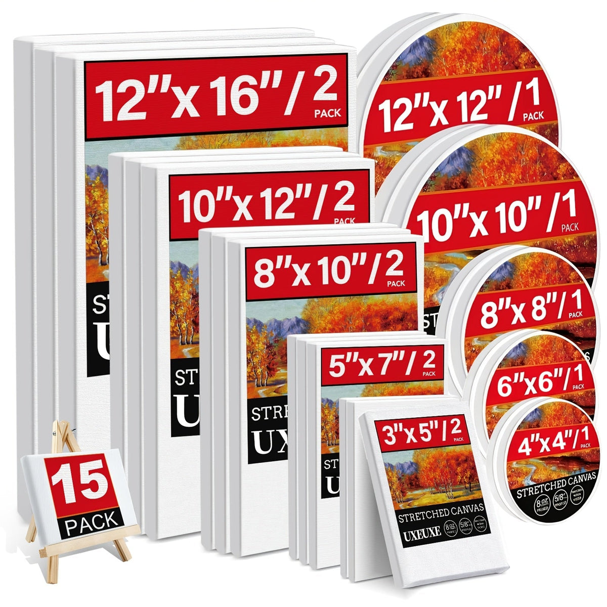 Lot de toiles tendues apprêtées en blanc, 100 % coton – Ensembles ronds, rectangulaires et carrés de 10, 15 et 20 pièces – Châssis entoilés d'artiste pour peinture acrylique, à l'huile, pouring et techniques mixtes