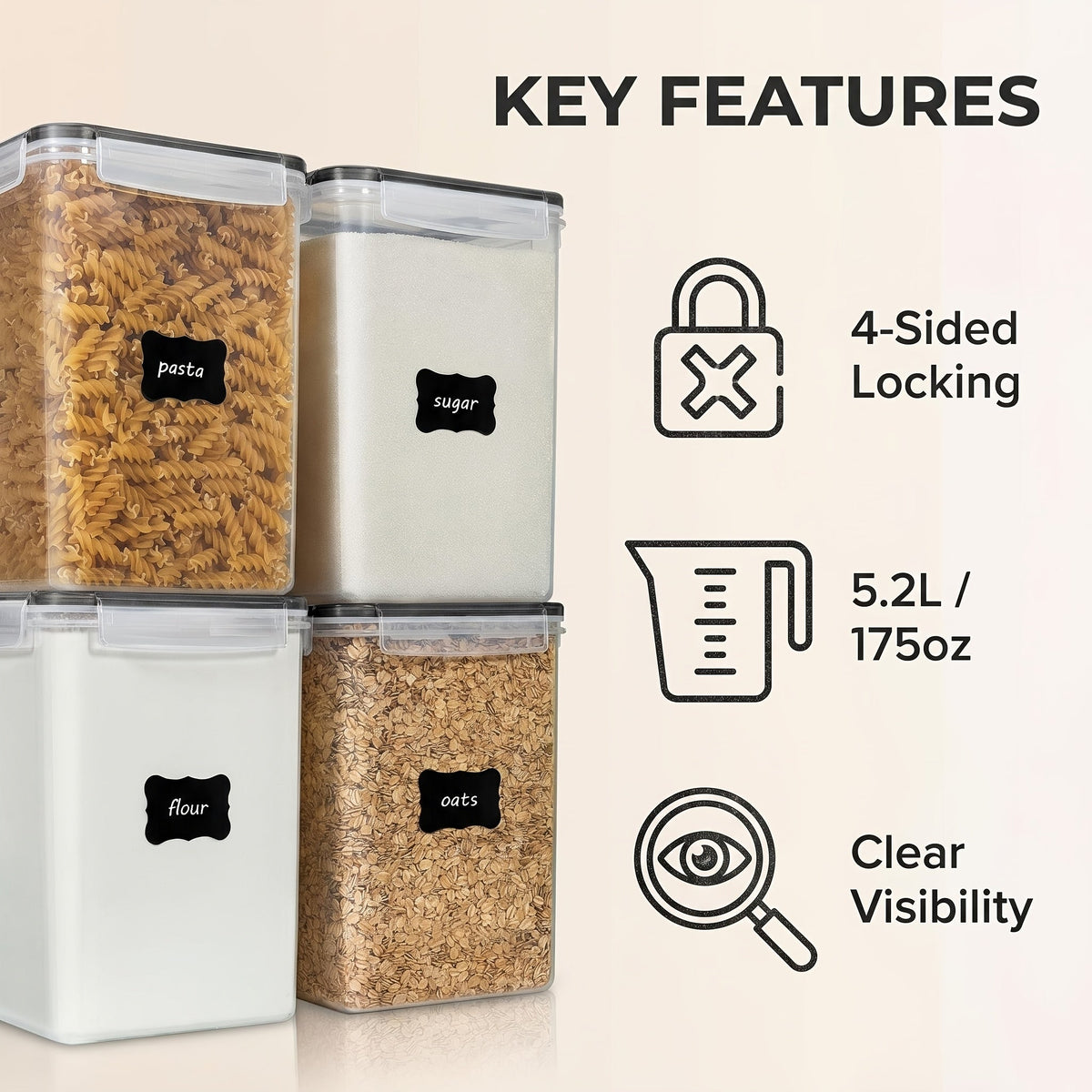 Lot de 4 grands récipients alimentaires hermétiques avec couvercles – Boîtes en plastique sans BPA de 5,2 L pour farine, sucre, riz et ingrédients de pâtisserie – Inclut des tasses à mesurer et 24 étiquettes, noir
