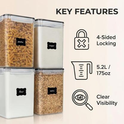Lot de 4 grands récipients alimentaires hermétiques avec couvercles – Boîtes en plastique sans BPA de 5,2 L pour farine, sucre, riz et ingrédients de pâtisserie – Inclut des tasses à mesurer et 24 étiquettes, noir