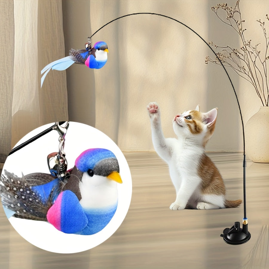 Jouet canne à pêche pour chat avec oiseau simulateur et base à ventouse - Ensemble interactif avec plumes et clochette pour l'exercice et le jeu en solitaire, sans pile, jouet d'intérieur pour chaton et chat