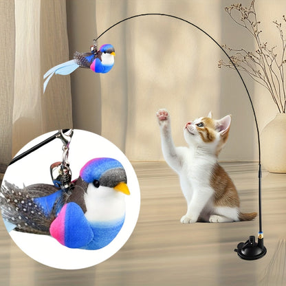 Jouet canne à pêche pour chat avec oiseau simulateur et base à ventouse - Ensemble interactif avec plumes et clochette pour l'exercice et le jeu en solitaire, sans pile, jouet d'intérieur pour chaton et chat