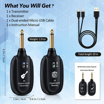 Système sans fil pour guitare A8 avec émetteur et récepteur rechargeables intégrés – Audio stéréo, chargement USB, compatible avec guitare électrique, basse et violon, fonctionne avec les amplificateurs