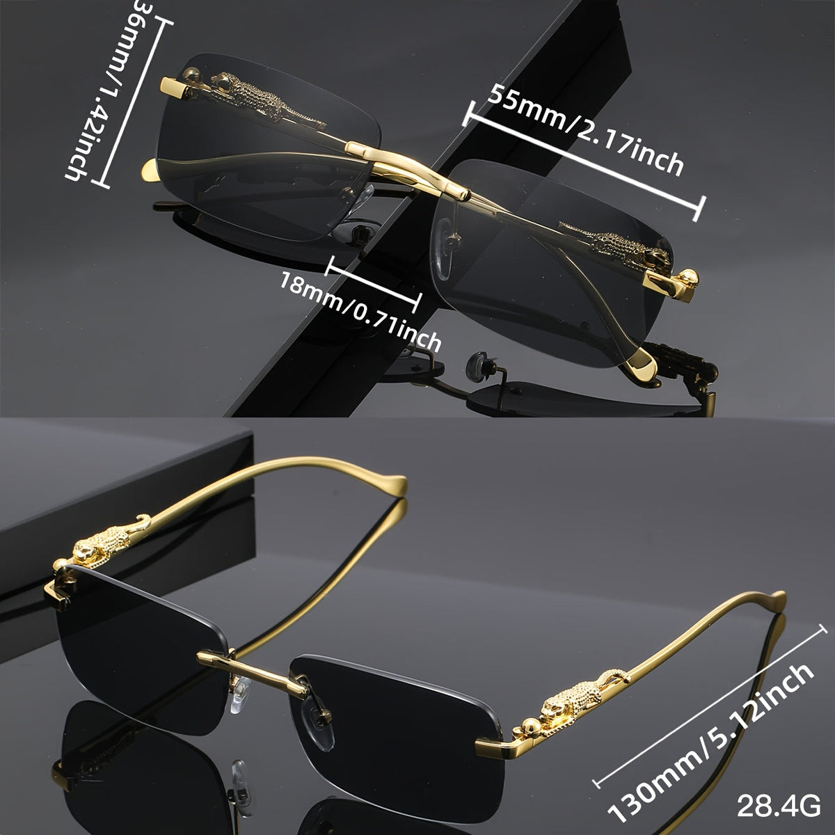 Lunettes de soleil carrées sans monture à motif léopard pour hommes et femmes – Monture dorée avec étui et chiffon de nettoyage, verres champagne blanc gris, lunettes unisexe tendance pour tenues décontractées, fêtes et accessoires photo