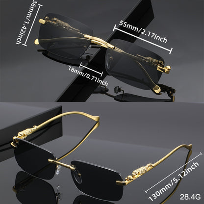 Lunettes de soleil carrées sans monture à motif léopard pour hommes et femmes – Monture dorée avec étui et chiffon de nettoyage, verres champagne blanc gris, lunettes unisexe tendance pour tenues décontractées, fêtes et accessoires photo