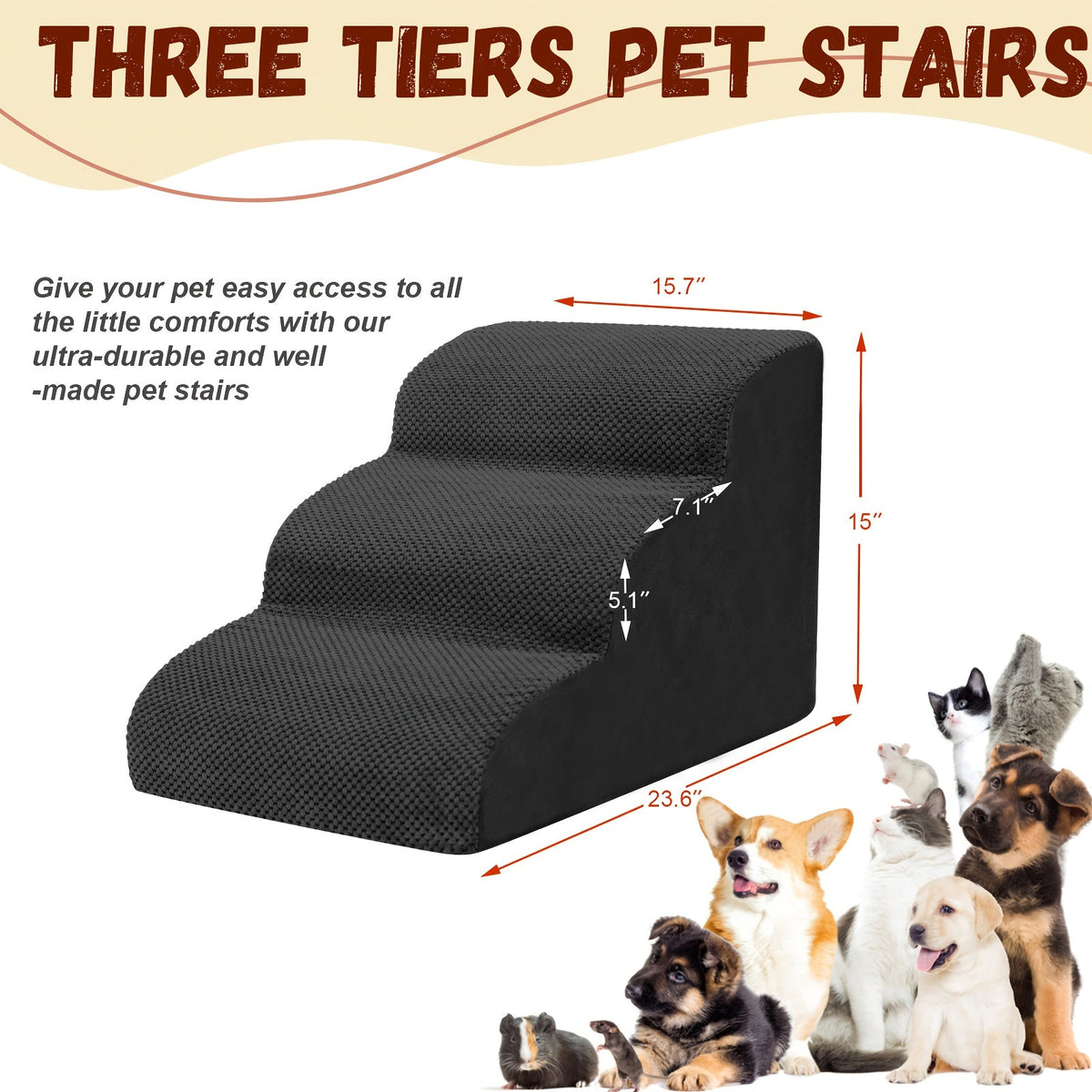 Escalier pour chien en mousse à mémoire de forme, 2, 3 ou 4 marches avec base antidérapante et housse lavable – Marches de soutien pour canapé et lit, idéal pour chiens âgés et chiots, plusieurs couleurs disponibles