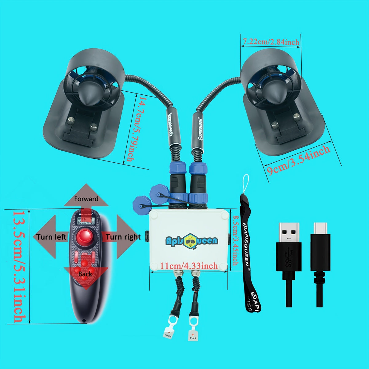Kit de propulseur sous-marin sans balais U2 12-16V, poussée de 3,4 kg (7 lbs) avec ESC bidirectionnel 45A et télécommande – Moteur 500KV pour ROV, bateau de pêche, kayak, système de propulsion de bateau électrique (lot de 2 propulseurs)
