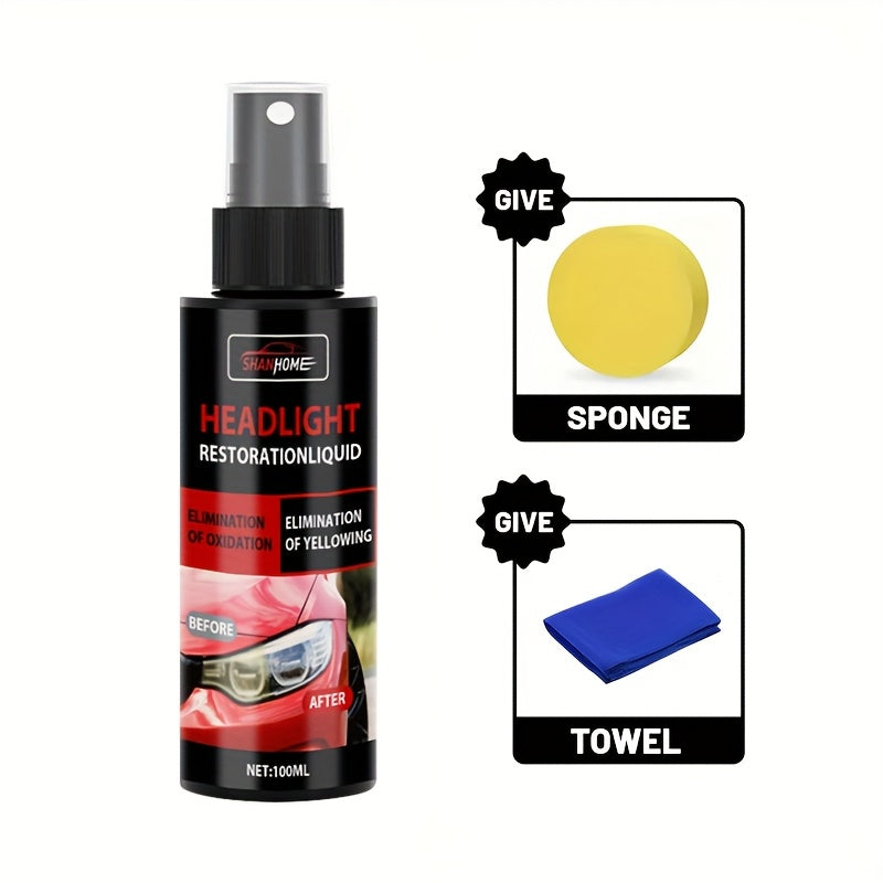 Kit de rénovation de phares – Solution anti-jaunissement et anti-oxydation avec spray de protection, restaure les phares ternis, voilés et opaques – Inclus éponge et chiffon (100 ml)