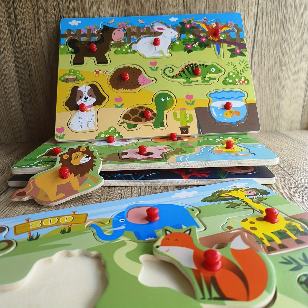 Lot de 4 puzzles à boutons en bois pour tout-petits, 32 pièces, puzzles sur le thème des animaux de la ferme et du zoo, jouet éducatif Montessori pour enfants de 1, 2, 3 ans, cadeau d'anniversaire, de Noël ou de Pâques pour filles et garçons