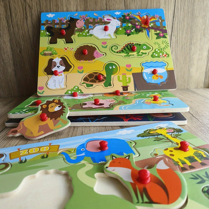 Lot de 4 puzzles à boutons en bois pour tout-petits, 32 pièces, puzzles sur le thème des animaux de la ferme et du zoo, jouet éducatif Montessori pour enfants de 1, 2, 3 ans, cadeau d'anniversaire, de Noël ou de Pâques pour filles et garçons