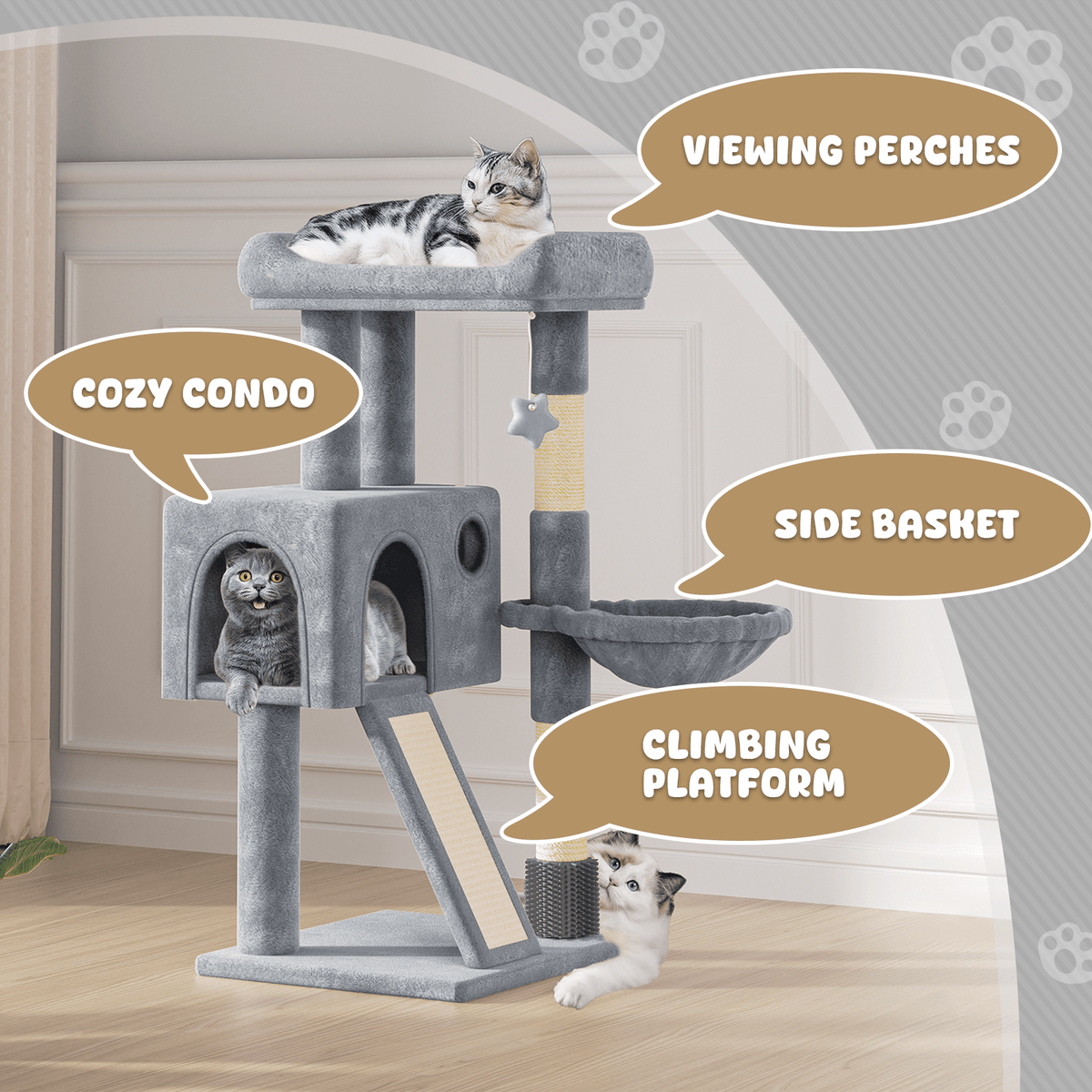Arbre à chat multi-niveaux de 91 cm avec appartement, hamac, poteaux à griffer en sisal et jouets suspendus - Maison de jeux d'intérieur pour chats et chatons - Villa pour chat en peluche, gris clair et gris fumé