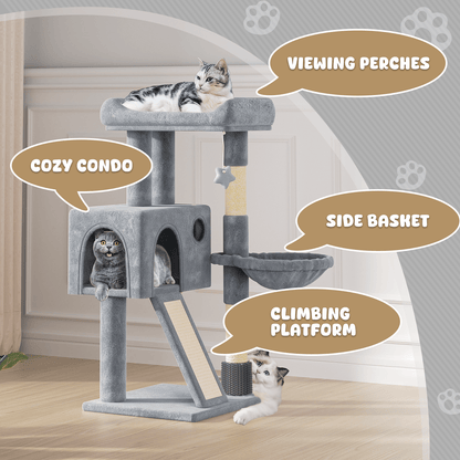 Arbre à chat multi-niveaux de 91 cm avec appartement, hamac, poteaux à griffer en sisal et jouets suspendus - Maison de jeux d'intérieur pour chats et chatons - Villa pour chat en peluche, gris clair et gris fumé