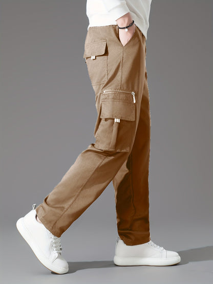 Lot de 3 pantalons cargo pour homme, coupe droite multipoches – Pantalon de randonnée en polyester tissé uni pour le printemps et l'automne, tailles S à XXXL, 9 combinaisons de couleurs