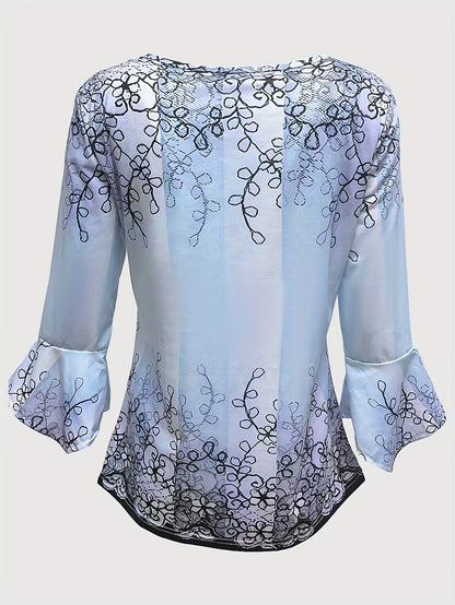 Chemisier boutonné à motif floral pour femme, haut tunique décontracté à manches évasées et volants, tissu en maille extensible doux, printemps, été, automne, S-XXL, lavable en machine