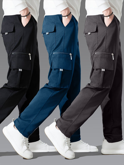 Lot de 3 pantalons cargo pour homme, coupe droite multipoches – Pantalon de randonnée en polyester tissé uni pour le printemps et l'automne, tailles S à XXXL, 9 combinaisons de couleurs