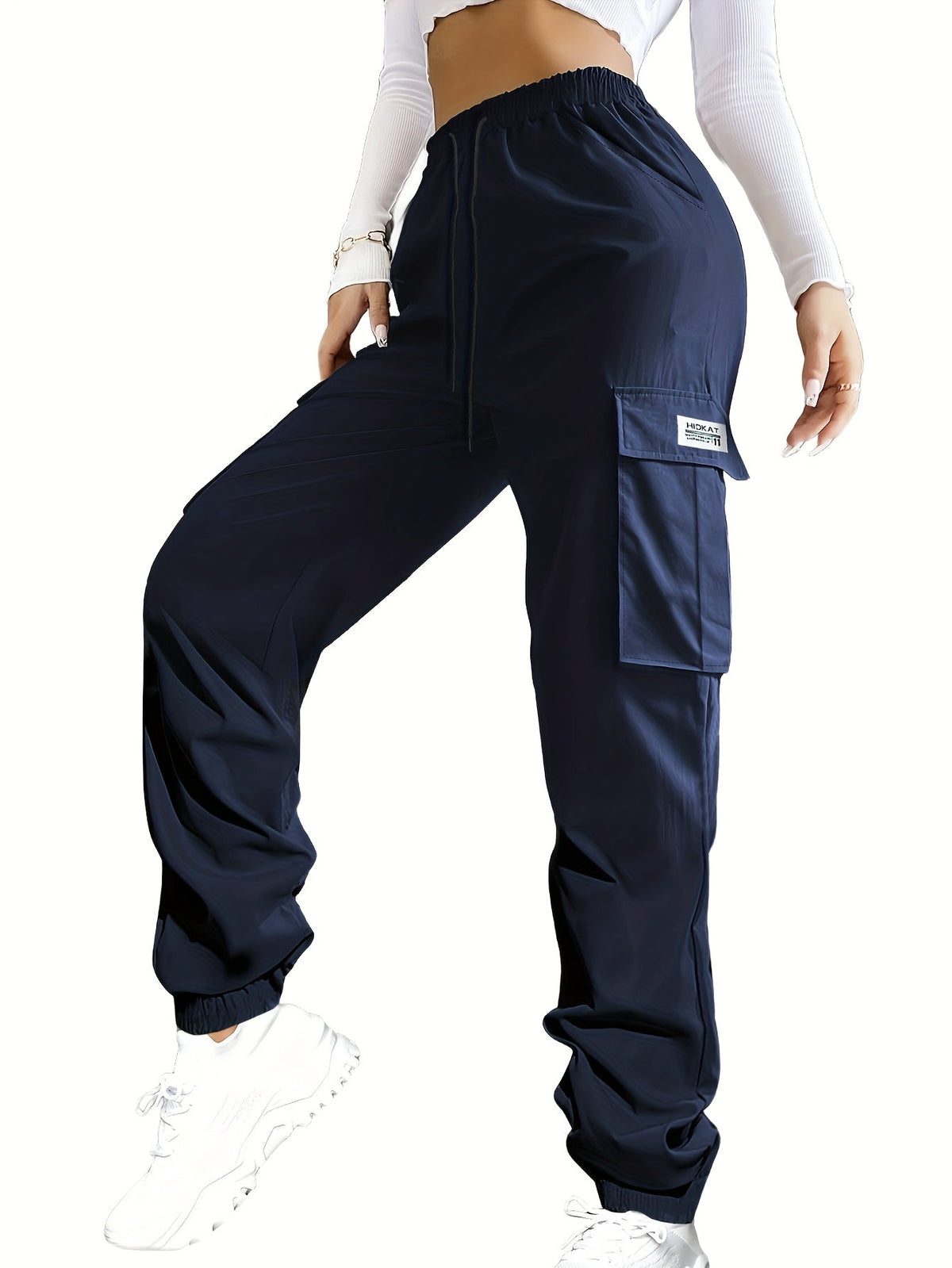 Pantalon cargo pour femme avec poches zippées – Taille élastique à cordon de serrage, grandes poches, pantalon décontracté pour l'extérieur, noir, gris, vert, bleu, XS-XXL