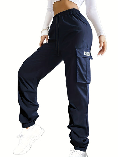 Pantalon cargo pour femme avec poches zippées – Taille élastique à cordon de serrage, grandes poches, pantalon décontracté pour l'extérieur, noir, gris, vert, bleu, XS-XXL