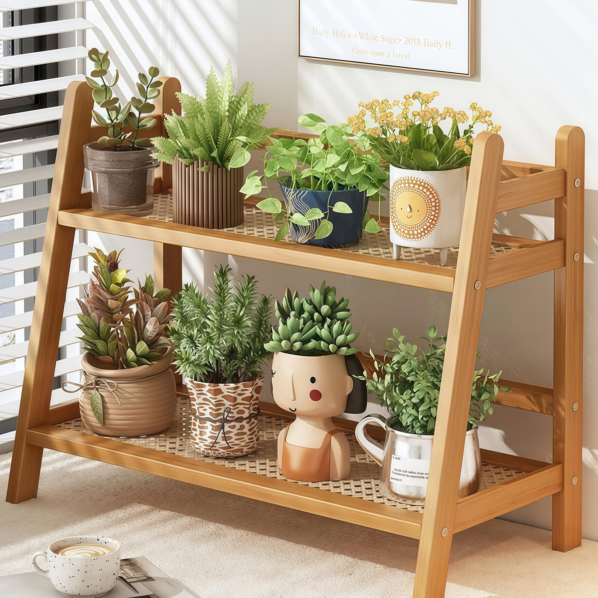 Étagère de comptoir en bois à 2 niveaux, design trapézoïdal vintage, organisateur de bureau en bambou pour cuisine, bureau, chambre, étagère de comptoir gain de place pour tasses à café, livres, décoration – Lot de 1 ou 2, grand et moyen