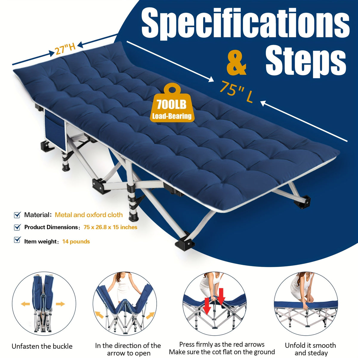 Lit de camp pliant avec matelas 190-200 cm – Lit de camp portable très résistant pour adultes, enfants et adolescents, charge maximale 315-400 kg, pour le camping, la maison, le bureau, la plage, le jardin et la pêche