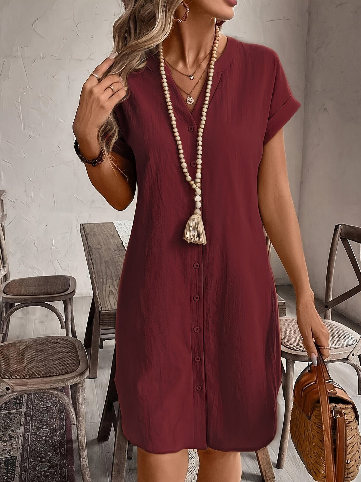 Robe chemisier décontractée à col en V pour femme, coupe ample et boutonnée – Élégante robe d'été unie disponible en 9 couleurs pour le quotidien et les vacances
