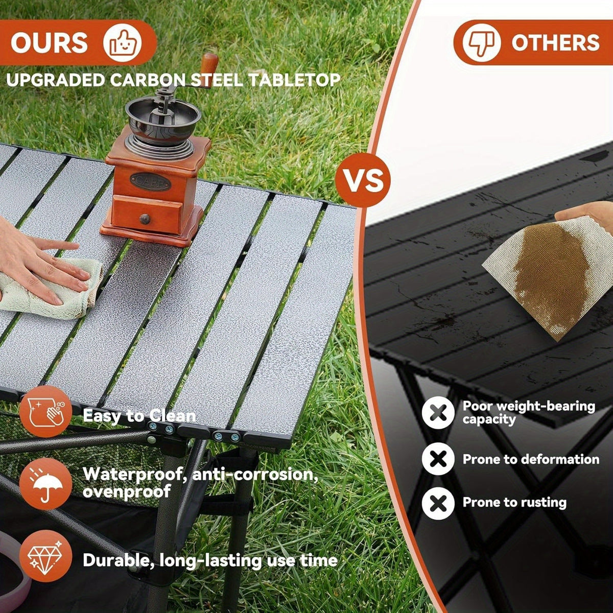 Table de camping pliante portable, table d'extérieur légère et rétractable avec sac de transport, pieds robustes, grande surface plane pour pique-nique, barbecue, plage, randonnée, hayon, design compact et durable, tailles L et XL